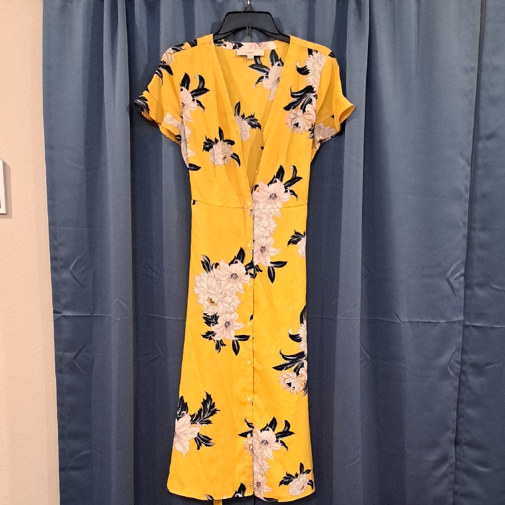 LOFT Bright Yellow Floral Midi Dress